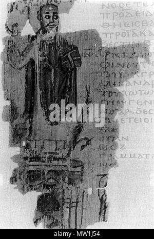 . Theophilus and the Serapeum. Bishop Theophilus of Alexandria, en:Gospel book in hand, stands triumphantly atop the en:Serapeum in en:391. The cult image of en:Serapis, crowned with the en:modius, is visible within the temple at the bottom. Marginal illustration from a chronicle written in Alexandria in the early fifth century, thus providing a nearly contemporary portrait of Theophilus. P. Goleniscev 6 verso. (From A. Bauer and J. Strygowski, 'Eine alexandrinische Weltchronik,' Denkschriften der Kaiserlichen Akademie der Wissenschaften: Wien 51.2 [en:1906]: 1-204, fig. 6 verso) . The origina