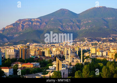 City view, Catholic Paulus Cathedral, Great Mosque, behind Mount Dajtit, Tirana, Albania Stock Photo