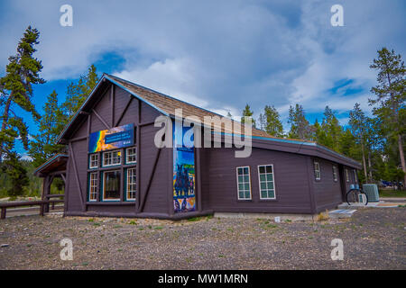 YELLOWSTONE, MONTANA, USA MAY 24, 2018: Outdoor view of wooden house building in Yellowstone art and photography center in Wyoming, was the first national park Stock Photo