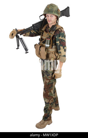 Private Military Company operator with machine gun on white background Stock Photo
