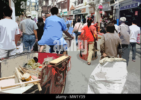 Candid street scene showing various modes of transportation (rendered in PS, illustration), Shanghai, China Stock Photo