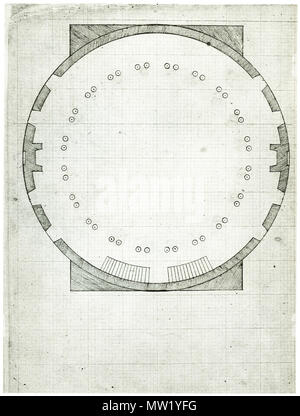 . University of Virginia: 'Plan of Second Floor [= dome room] of Rotunda' by Thomas Jefferson; 'This drawing was once part of a double sheet with [ the plan of the ground floor ] (caption as well as further image information according to source) . before April, 1821. Thomas Jefferson 621 University of Virginia Rotunda plan dome room Stock Photo