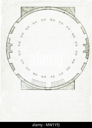 . University of Virginia: 'Plan of Second Floor [= dome room] of Rotunda' by Thomas Jefferson; 'This drawing was once part of a double sheet with [ the plan of the ground floor ] (caption as well as further image information according to source) . before April, 1821. Thomas Jefferson 621 University of Virginia Rotunda plan dome room retouched Stock Photo