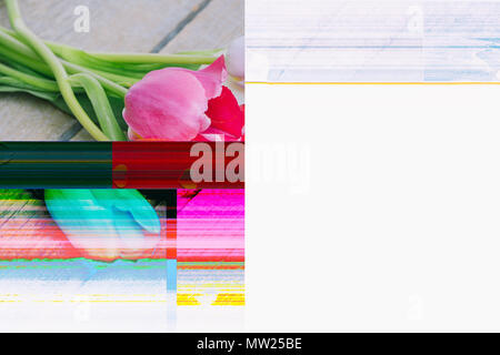 Computer error when editing a photo. Tulips and hearts. Past love. Trendy Glitch effect Stock Photo