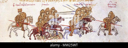 . English: A miniature depicting the defeat of the Georgian king George I ('Georgios of Abasgia') by the Byzantine emperor Basil. Skylitzes Matritensis, fol. 195v. George is shown as fleeing on horseback on the right and Basil holding a shield and lance on the left. 9 May 2010, 13:43 (UTC).  Skylitzes. Basil II vs Georgians.jpg: unknown derivative work: Kober (talk) 563 Skylitzes. Basil II vs Georgians cropped Stock Photo