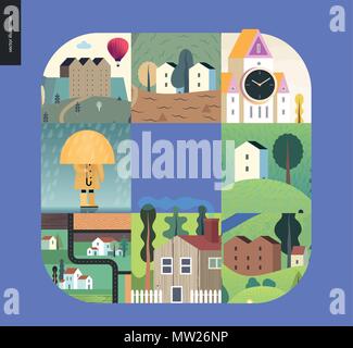 Simple things - houses - flat cartoon vector illustration of houses, countryside, tower clock, castle, farmland, kid, umbrella under rain, isolated ho Stock Vector