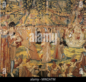 . Tapestry depicting a ball held by Catherine de' Medici at the Tuileries Palace, Paris, in 1573 in honour of Polish envoys visiting to present the throne of Poland to her son Henry, Duke of Anjou, the future Henry III of France. The tapestry is one of a series, known as the 'Valois Tapestries', celebrating the court festivals or 'magnificences' of Catherine de' Medici. The costumes in the tapestry date to no later than about 1580.. Designed at least in part by Antoine Caron, some of whose preliminary drawings have survived. 625 Valois Tapestry 2 Stock Photo