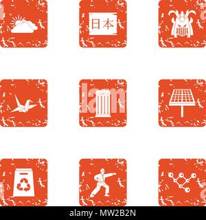 Asia mentality icons set, grunge style Stock Vector