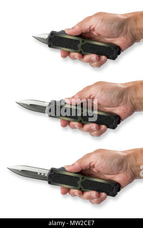 Automatic knife sometimes called a switchblade opening with finger button. Stock Photo