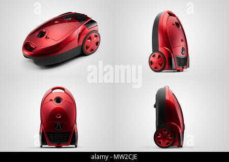 full view of a modern household vacuum cleaner of red color on a white background. for copy space and cut out Stock Photo