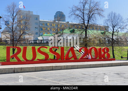 Yekaterinburg, Russia - May 23, 2018: Installation of the inscription Russia 2018 for World Cup on Historical Square on Iset River in center of city Stock Photo