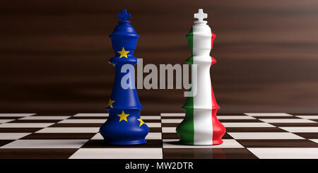 Italy and EU relations, Italexit concept. European Union and Italy flags on chess kings on a chess board, wooden background. 3d illustration Stock Photo