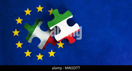 Italy and EU relations, Italexit concept. European Union flag with Italy flag puzzle piece out. 3d illustration Stock Photo