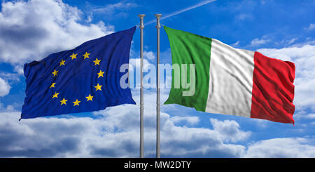 Italy and EU relations concept. Italy and European Union flags waving, opposite direction, on blue sky background. 3d illustration Stock Photo