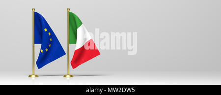 Italy and EU relations, Italexit concept. Italy and European Union miniature flags on white background, banner, copy space. 3d illustration Stock Photo