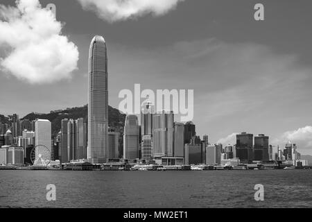 Hong Kong skyline in Victoria Harbour (black and white) Stock Photo