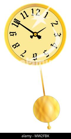 A gold clock face isolated on white with a swinging pendulum Stock Vector