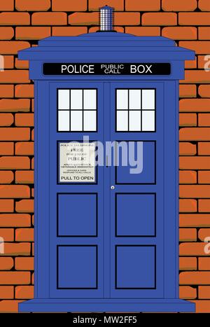A traditional British police telephone box set against a typical old red brick wall Stock Vector