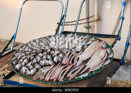 A basket of salted fish dries in the sun, in a traditional Hong Kong seafood market . Stock Photo