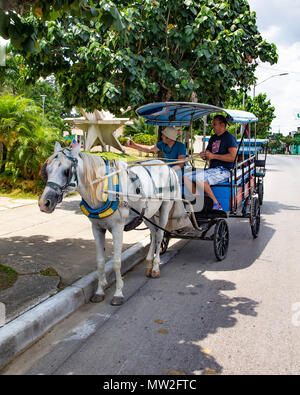 A horse-drawn taxi carries a tourist on a sight-seeing trip around Santa Clara, Cuba Stock Photo