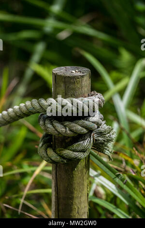 old rope wrapped around a pole that is surrounded by sand, beach Stock ...