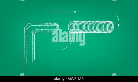 Manufacturing and Industry, Illustration Hand Drawn Sketch of Set Screw. Used to Secure Gears, Pulleys, Other Engine and Machine Parts to A Shaft. Stock Vector