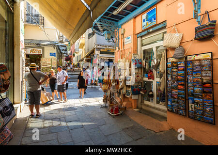 Athens, Greece - May 26, 2018: Tourists in the main shopping district of Plaka neighbourhood in Athens, Greece. Stock Photo