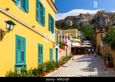 Athens, Greece - May 26, 2018: Neoclassical architecture in Plaka neighbourhood under Acropolis, Athens. Stock Photo