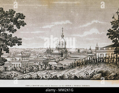 . English: Edward Daniel Clarke. Travels in various countries of Europe Asia and Africa. Part the First Russia Tartary and Turkey (1810). Part the Second Greece Egypt and the Holy Land (1813). London, R. Watts for Cadell and Davies // The church stood near the corner of present-day Vorontsovo Pole and Nikolovorobynsky lane. The viewer looks south, towards the Church of Trinity in Serbryaniki. The three-domed church to the left and behind is the church of St.Clement far south. The picture shows Moscow before the great fire of 1812, which destroyed most of other buildings in this area. Русский:  Stock Photo