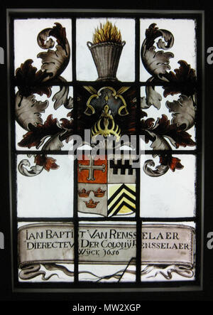 . English: From the Metropolital Museum of Art's website: 'This window decorated with the van Rensselaer family coat of arms is one of the earliest and most precious pieces of American stained glass. It was given to the Old Dutch Church in Beverwyck, New York, by Jan Baptist van Rensselaer in 1656. At that time, Jan Baptist was the patroon of Rensselaerwyck. After the church was demolished in 1805, the window was installed at the head of the staircase in the Van Rensselaer Manor House, which itself was demolished in 1893.' . circa 1656. Evert Duyckinck (American, ca. 1620–ca. 1700) 625 Van Ren Stock Photo