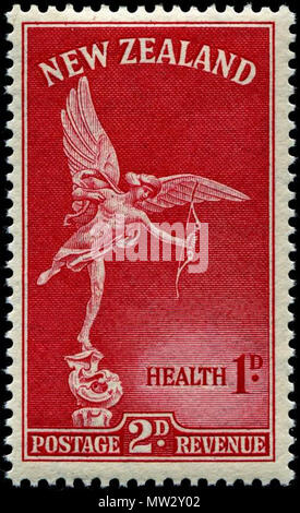 . English: New Zealand postage stamp depicting Anteros (one of the erotes) from a sculpture which surmounts the Shaftesbury Memorial fountain in London. Designed by James Berry and printed by Waterlow & Sons Ltd., and issued by New Zealand on October 1, 1947. 1 October 1947. Waterlow and Sons Ltd 13 1947 NZ Health Red stamp Stock Photo