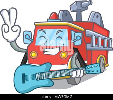 With guitar fire truck mascot cartoon Stock Vector