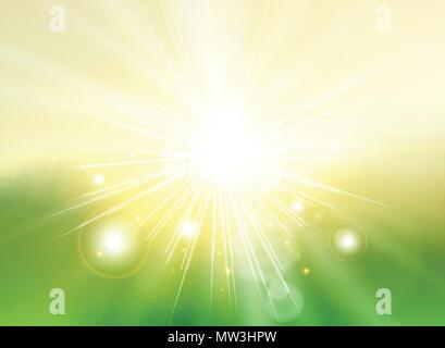 Sky with sunlight rays twilight blurred green gradient abstract background landscape. Spring summer. Vector illustration Stock Vector