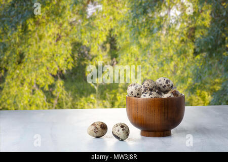 Quail eggs in a bowl on a beautiful green natural background Stock Photo