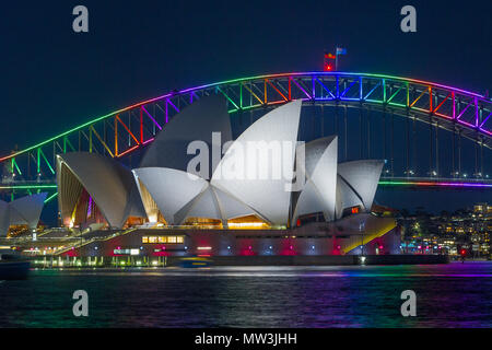 Special lighting adorns the arch of Sydney Harbour Bridge as part of the 2017 'Vivid Sydney' festival. The popular annual event, held on the shores of Sydney Harbour and previously known as the Vivid Festival, runs from May 26 to June 17, 2017. Stock Photo