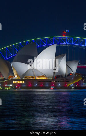 Special lighting adorns the arch of Sydney Harbour Bridge as part of the 2017 'Vivid Sydney' festival. The popular annual event, held on the shores of Sydney Harbour and previously known as the Vivid Festival, runs from May 26 to June 17, 2017. Stock Photo