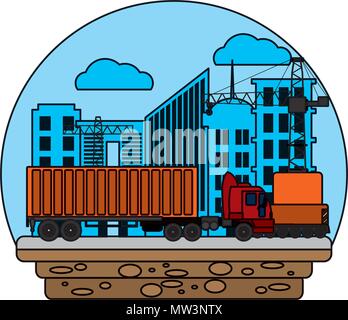 color truck transport with container cargo and crane Stock Vector