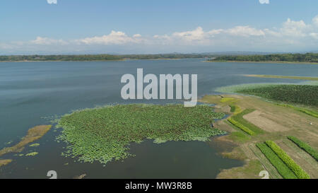 Aerial view of Paoay Lake with water lilies, Philippines. Lake against background of mountains and sky with clouds. Paoay Lake National Park, Ilocos Norte. Stock Photo