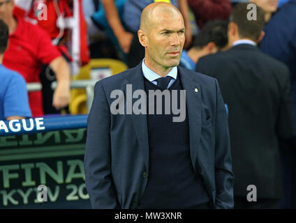 KYIV, UKRAINE - MAY 26, 2018: Head coach Zinedine Zidane of Real Madrid looks on during the UEFA Champions League Final 2018 game against Liverpool at Stock Photo