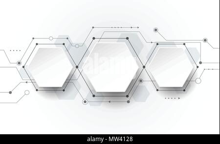 Vector Abstract futuristic circuit board on light gray background, hi-tech digital technology concept. Blank 3d paper polygon label with space for you Stock Vector