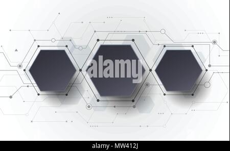 Vector Abstract futuristic circuit board on light gray background, hi-tech digital technology concept. Blank black 3d paper polygon label with space f Stock Vector