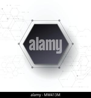 Vector Abstract futuristic circuit board on light gray background, hi-tech digital technology concept. Blank black 3d paper polygon label with space f Stock Vector
