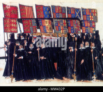 . Deutsch: Trauerzug Elisabeth I English: Banner bearers at the funeral of Elizabeth I of England. The casket of the queen is accompanied by mourners bearing the heraldic banners of her ancestors' coats of arms marshalled (side-by-side) with the arms of their wives. 16 September 2010, 11:12 (UTC).  Funeral Elisabeth.jpg: Unknown derivative work: Jza84 (talk) 231 Funeral Elisabeth (cropped) Stock Photo