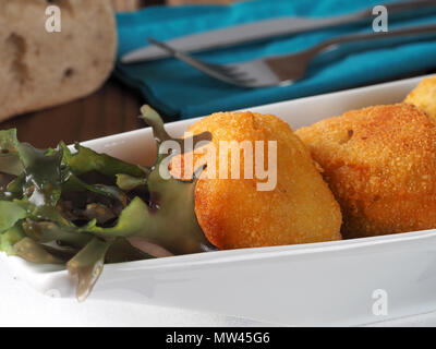 Irish Moss Croquettes  Croquettes made with potato and irish moss seaweed. A nutritious vegan starter. Stock Photo