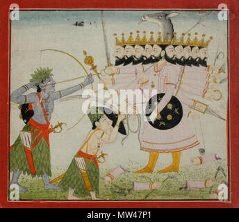 . English: Ramayana illustration: Forest dwelling Rama and Lakshmi battle Ravana. Mandi, circa 1840. Gouache and gold on wasli. 17.5 x 20.2cm . 1840. Mandi, 212 Forest dwelling Rama and Lakshmi battle Ravana. Stock Photo