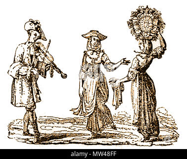 May Day celebrations in Britain, were often accompanied by bonfires, dancing around maypoles and the election of a May Queen who in this 17th century picture is  carrying a sun (fertility) symbol on her head Stock Photo