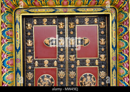 Decorated door, Swayambhunath temple, Kathmandu, Nepal Stock Photo