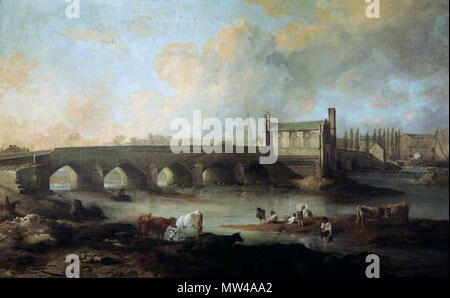 . English: 'Wakefield Bridge and Chantry Chapel,' oil on canvas, by the British artist Philip Reinagle, R.A. Dated 1793. 153.5 cm x 245.5 cm. Courtesy of the collection of the Hepworth Museum, Wakefield. 18 January 2012, 18:18:50.   Philip Reinagle  (1748–1833)     Description British painter  Date of birth/death 1749 17 November 1833  Location of birth/death Edinburgh London  Work location London (1769 - 1833); Norwich (1780 - 1782)  Authority control  : Q2086404 VIAF: 26991550 ISNI: 0000 0000 6705 0898 ULAN: 500029813 LCCN: nr2001025464 NLA: 35094550 WorldCat 640 Wakefield Bridge and Chantry Stock Photo