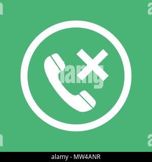 Phone icon with cross sign isolated on green background. Telephone icon for mobile app. Vector illustration Stock Vector