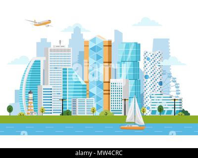 Smart city vector landscape with skyscrapers Stock Vector